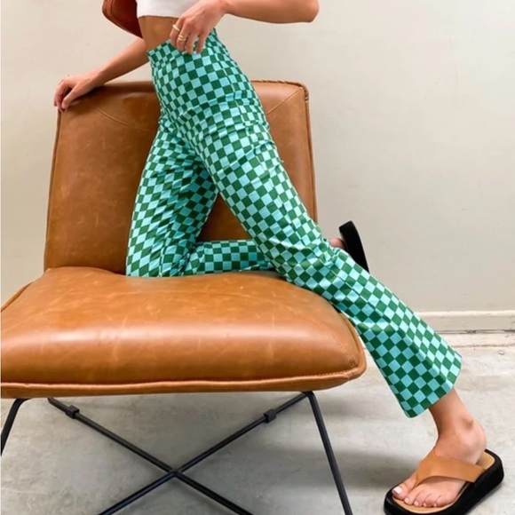 BEGINNING BOUTIQUE LORELAI. CHECK ANKLE PANT GREEN TURQUOISE  NWT S - Picture 5 of 11